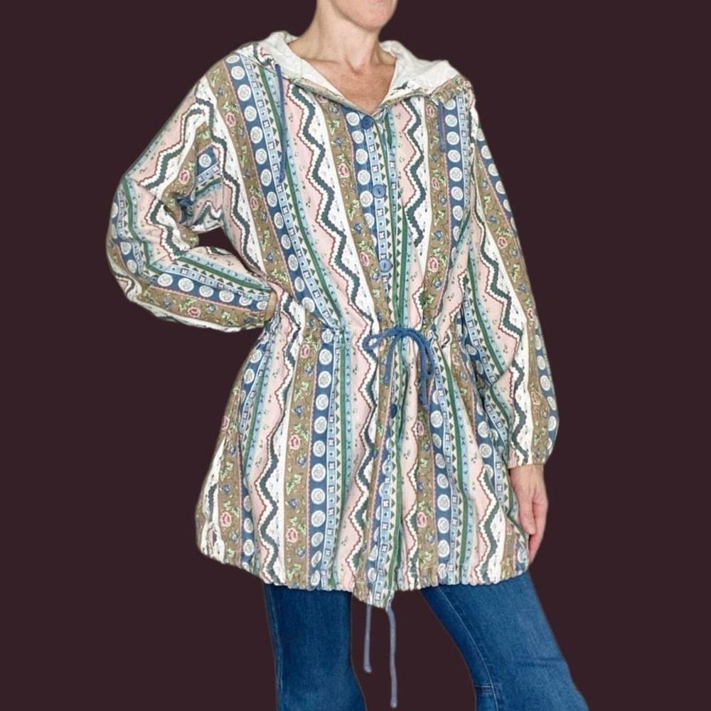 Vintage Contempo Casuals Pastel Tribal Floral Printed Oversized Hooded Jacket